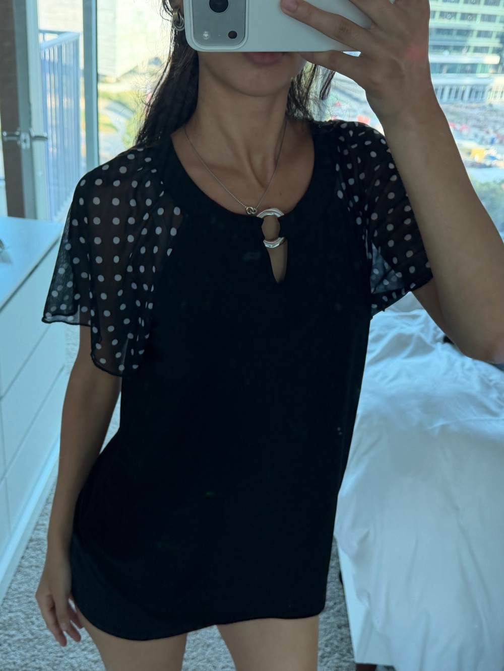 Black Polka Dot Sleeve Keyhole Top
